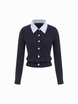 Cider - Knit Collar Women Button-Up Colorblock Cardigan Navy Blue