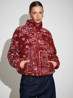 Cider - Fleece Women's Paisley Print Stand Collar Oversized Jacket Red
