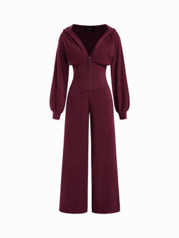 Cider - Jersey Women's Hooded Zipper Cinched Waist Jumpsuit Wine