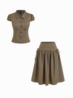 Cider - Gingham Women's Checked Ruched Skirt Set Coffee