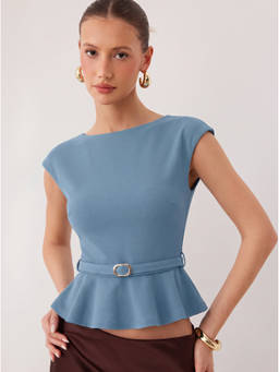 Cider - Belted Women’s Boat Neck Ruffle Hem Peplum Top Blue