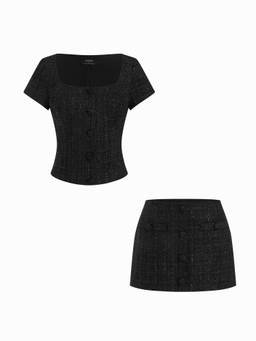 Cider - Tweed Women's Square Neck Checks Skirt Set Black