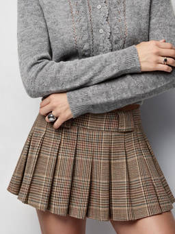Cider - Tweed Women's Low Rise Pleated Mini Skirt Khaki