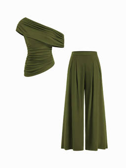 Cider - Ruched Women's Asymmetrical Neck Co-ord Set Olive