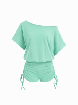 Cider - Asymmetrical Neck Women's Ruched Drawstring Playsuit Green