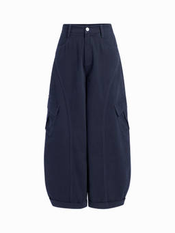 Cider - Cotton-Blend Women's Mid-Rise Pocket Barrel-Leg Trousers Navy Blue