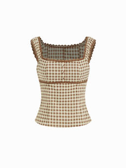 Cider - Gingham Women's Square Neck Lace Trim Blouse Brown