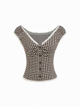 Cider - Jacquard Gingham Women's Sweetheart Ruched Top Brown