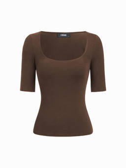 Cider - Cotton-Blend Women’s Scoop Neck Mid Sleeve Tee Brown