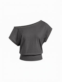 Cider - Cotton Blend Women's Oversized Asymmetrical Neck Crop Top Grey
