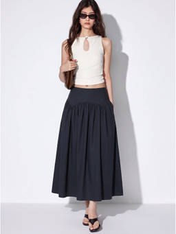 Cider - Women's Low Rise Ruched Flared Maxi Skirt Navy Blue