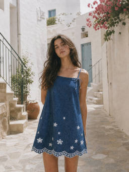 Cider - Denim Floral Women's Embroidered Bow Strap A-Line Mini Dress Blue