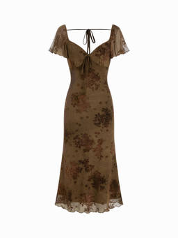Cider - Mesh Flocking Women's Floral Sweetheart Ruffled Mermaid Midi Dress Olive
