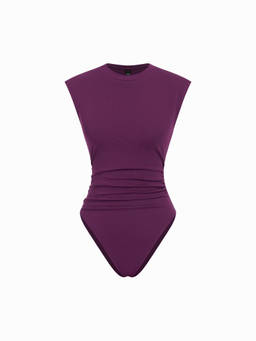 Cider - Ruched Women’s Sleeveless Round Neck Bodysuit Purple