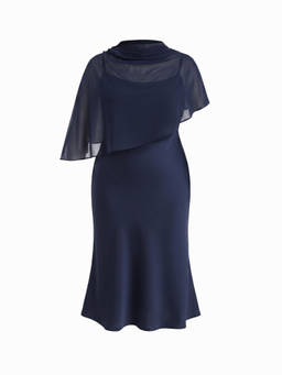 Cider - Satin Women's High Neck Cape Sleeve Maxi Dress Navy Blue