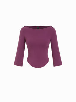 Cider - Knit Fabric Women’s Boat Neck Curved Hem Top Purple