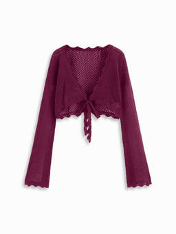 Cider - Crochet Women's Hollow-Out Tie-Up Bell Sleeve Cardigan Burgundy