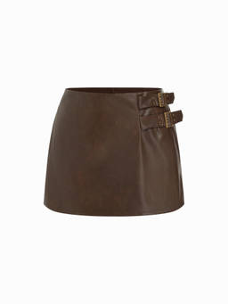 Cider - Faux Leather Women's Mid-Rise Belted A-Line Mini Skort Brown