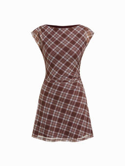 Cider - Mesh Checks Women Ruched Cap Sleeve A-Line Mini Dress Brown