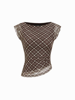 Cider - Mesh Women's Ruched Boat Neck Top Brown