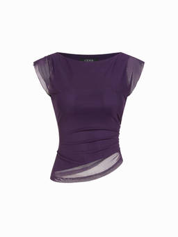 Cider - Mesh Women's Ruched Boat Neck Top Purple