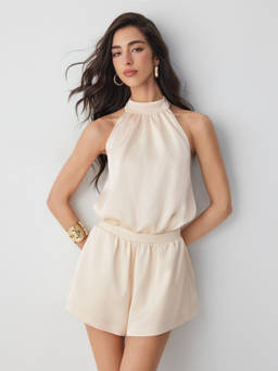 Cider - Satin Women's Halter Neck Drawstring Pocket Playsuit Cream