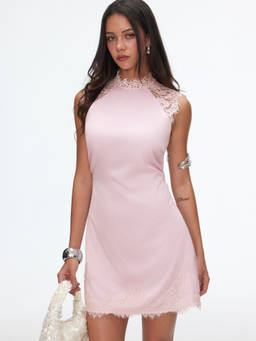 Cider - Satin Lace Women's Ruched Tie-Back A-Line Mini Dress Pink
