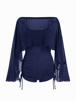 Cider - Textured Women’s Boat Neck Drawstring Slim Playsuit Navy Blue
