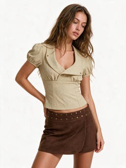 Cider - Women's Asymmetrical Neck Puff Sleeve Ruched Crop Blouse Khaki