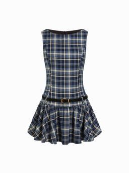 Cider - Plaid Women's Boat Neck Drawstring A-Line Mini Dress Navy Blue