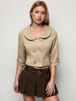 Cider - Cotton-Blend Women Peter Pan Collar Double Breasted Jacket Khaki