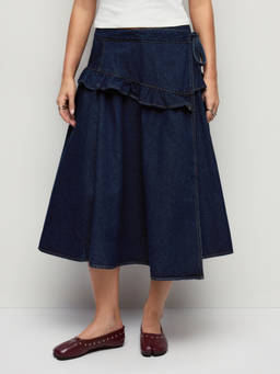 Cider - Women's Denim Mid-Waist Asymmetrical Ruffle Midi Skirt Navy Blue