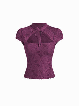 Cider - Floral Lace Women's Cut-Out Tie-Up Neck Top Purple