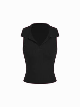 Cider - Knit Textured Women’s Sleeveless Polo Neck Vest Top Black