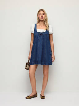 Cider - Denim Bowknot Women's Oversized A-Line Pinafore Mini Dress Navy Blue