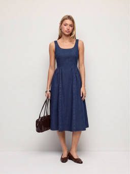 Cider - Washed Denim Women’s Square Neck Ruched A-Line Midi Dress Navy Blue