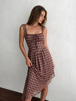 Cider - Plaid Women's Square Neck Tie-Up Asymmetrical Midi Dress Burgundy