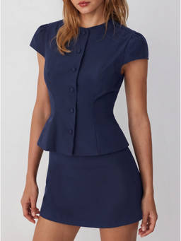 Cider - Puff Sleeve Women's Button Front Peplum Co-ord Set Navy Blue
