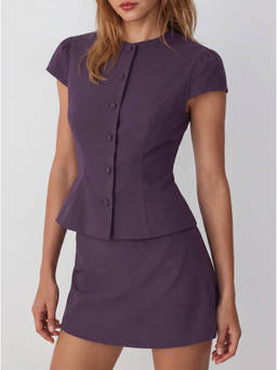 Cider - Puff Sleeve Women Button Front Peplum Co-ord Set Purple