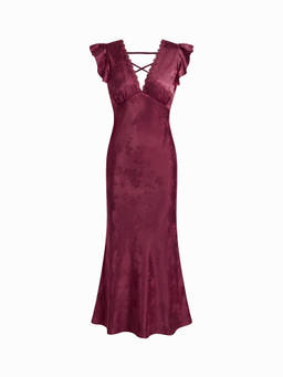 Cider - Satin Textured Women’s Floral V-Neck Ruffle Maxi Dress Burgundy
