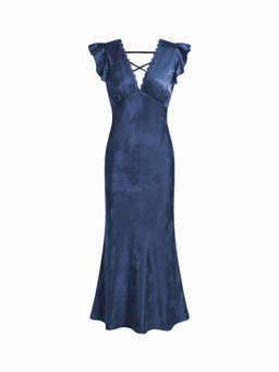 Cider - Satin Textured Women’s Floral V-Neck Ruffle Sleeve Maxi Dress Navy Blue