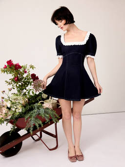 Cider - Stretch Denim Women Lace Trim Square Neck A-Line Mini Dress Navy Blue