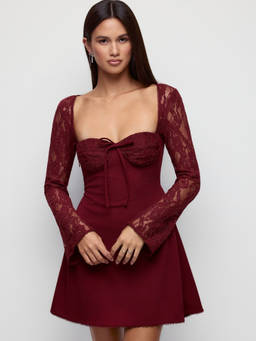 Cider - Lace Jacquard Women’s Square Neck Bell Sleeve Mini Dress Wine