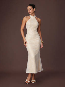 Cider - Sequin Lace Women's Halter Neck Mermaid Maxi Dress Beige