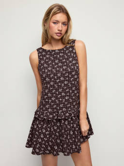 Cider - Floral Checks Women Ruffled A-Line Mini Dress Brown