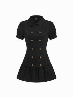 Cider - Spot Women's Collared Puff Sleeve Knee Length Dress Black