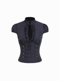 Cider - There Will Be Rumors Women Pinstripe Tie-Up Neck Corset Top Navy Blue
