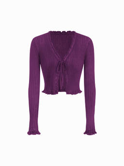 Cider - Knit Textured Women’s V-Neck Tie-Up Ruffle Crop Top Purple