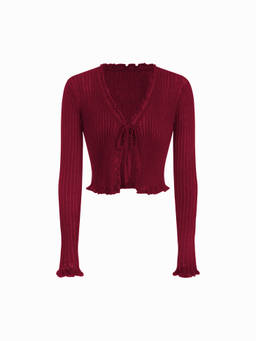 Cider - Knit Textured Women’s V-Neck Tie-Up Ruffle Crop Top Wine