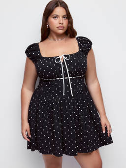 Cider - Cotton-Blend Women's Polka Dot Square Neck A-Line Mini Dress Black